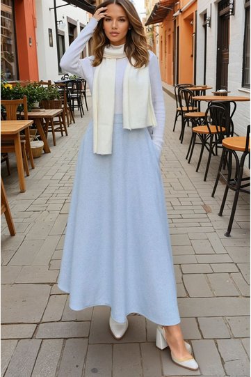 Women's Baby Blue Winter Fleece Melton Skirt, Pocketed , High Waist, Long, Kiloş 700-3528330