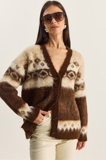Women's Brown Geometric Patterned Shawl Knitwear Cardigan 20258059