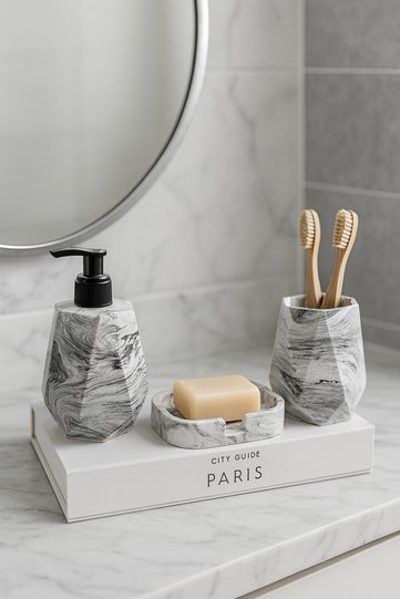 Decorative 3 Piece Black Marble Pattern Bathroom Set Liquid Soap Dispenser Solid Soap Dish Toothbrush Holder