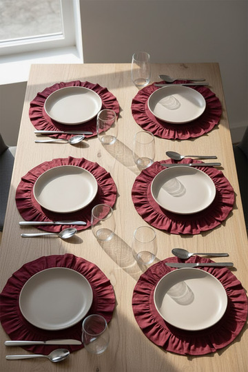 Burgundy (Red) Cotton Ruffled Placemats Set of 6 American Style 33 cm Diameter Placemats Set of 6