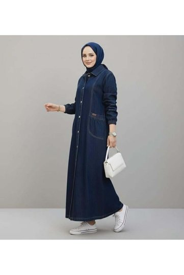 Women’s Buttoned Pocketed Snow Washed Denim Navy Blue Jeans Coat