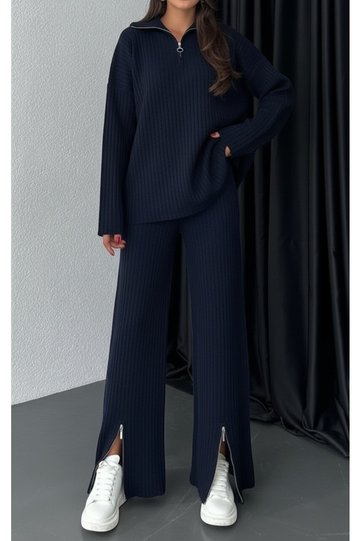 Zipper Detail Knitwear Sweater Trousers Double Set