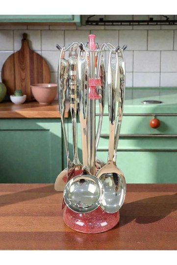 Stainless steel serving spoons with stand, 6 pieces