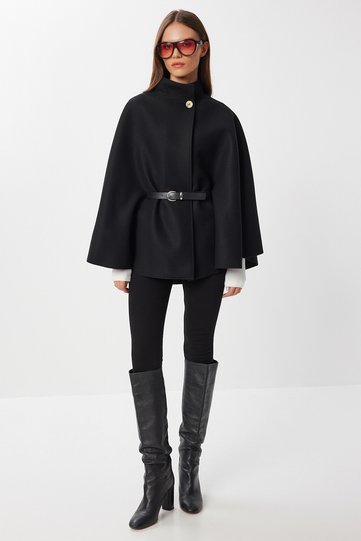 Belted Buttoned Cashmere Poncho Lgp0026 Black