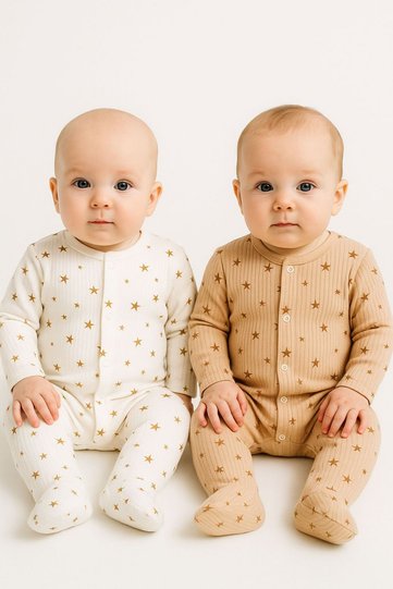 Coffee and Ecru Starry 100% Cotton 2-Piece Booties Jumpsuit