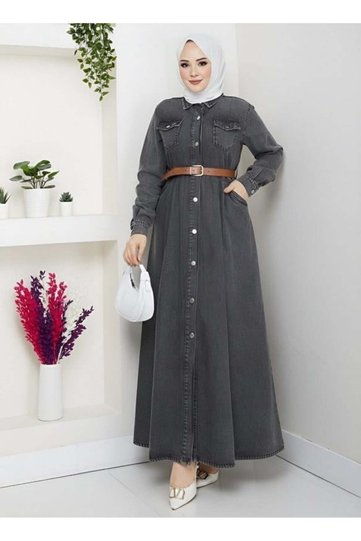 Women's Buttoned Belted Denim Black Dress