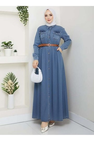Women's Buttoned Belted Denim Blue Dress