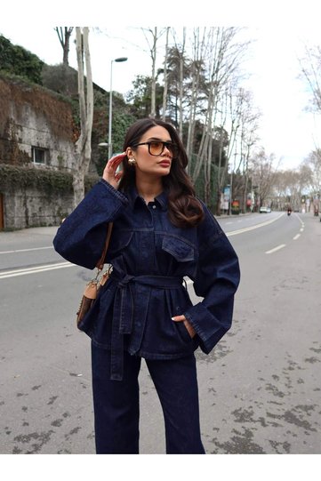 Women's Tie-Detail Oversized Jacket and Pants Denim Set