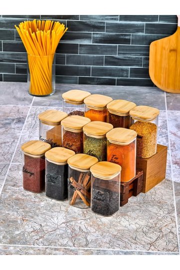 12-Piece Mica Spice Set with Wooden Lid and Label - Leakproof Luxury Acrylic Spice Rack 300 m