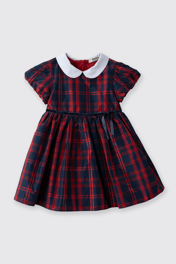 Baby Girl Peter Pan collar Bow Detailed Short Sleeve Plaid Navy Blue Party Dress