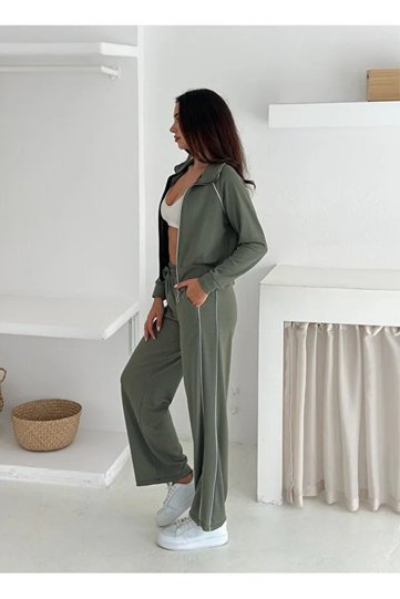 Modal Fabric Striped Wide Leg Zippered Tracksuit Set