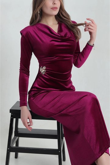 Women's Plum Velvet Shoulder Pad Piece Long Sleeve Degaje Collar Long Dress 5E-4371