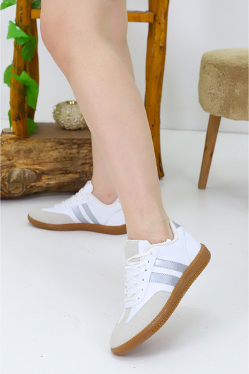 White Gray Women's Casual Sports Shoes Lace-Up Comfortable Sole Sneaker