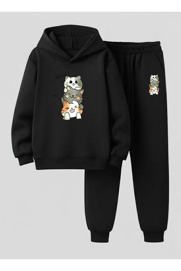 سترة رياضية للجنسين - طقم رياضي للأطفال بغطاء رأس طقم TOP OVER TOP CATS B مطبوع 3 Thread Shardonlu
