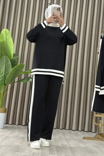 Buse Takim Crystal Fabric Women's Black Cuff Detailed Two-Piece Hijab Suit with Pants