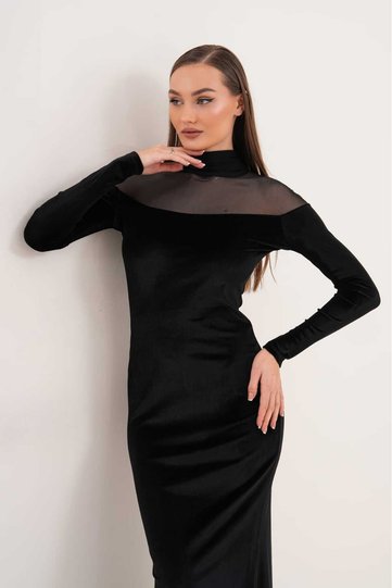 Long Sleeve Sheer Neckline Tulle Detail Velvet Textured Bodycon Back Slit Long Dress