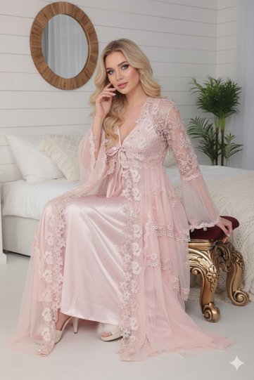 Women's Powder Luxury Boxed Special Design Pearl Stone Satin Nightgown Tulle Dressing Gown Underwear Dowry Set
