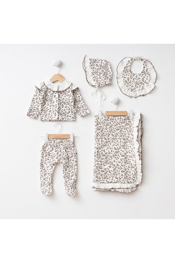 Leopard Patterned Ruffled 5-Piece Newborn Hospital Discharge Set with Gloves