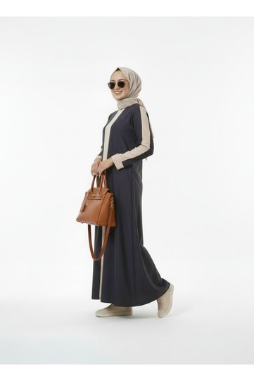 Women's Mink Color Crepe Fabric Black Striped Detail Casual Hijab Dress