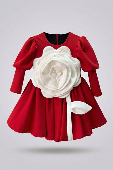 Girl's Red and White Big Flower Detailed Evening Dress
