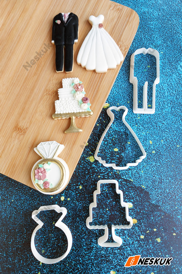 4-Piece Bridal Wedding Dress Groom Engagement Ring Wedding Ring Wedding Cake Cookie Mold Love