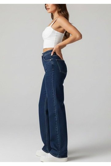 Star Navy Blue Stretch Fabric Super High Waist Loose Jeans Palazzo Pants