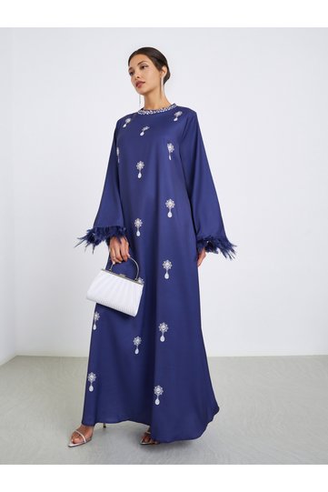 Women Navy Blue Graphic Print Jalabiya with Feather Trim
