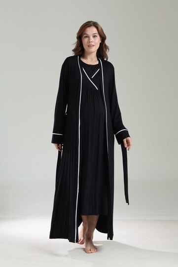 Black Maternity Nursing Nightgown Dressing Gown Set - White Piped Hospital Discharge Nightgown Set