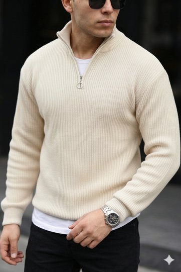 Half Zipper Mock Neck Corded Fabric Casual Sweater-Men's Beige Knitwear Sweater
