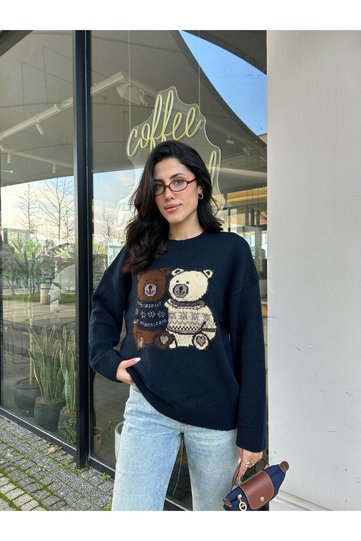 Navy Blue Soft Textured Wide Fit Teddy Bear Patterned Knit Sweater