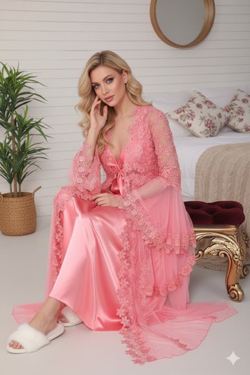Women's Luxury Boxed Special Design Pearl Stone Satin Nightgown with Tulle Dressing Gown Underwear Dowry Set