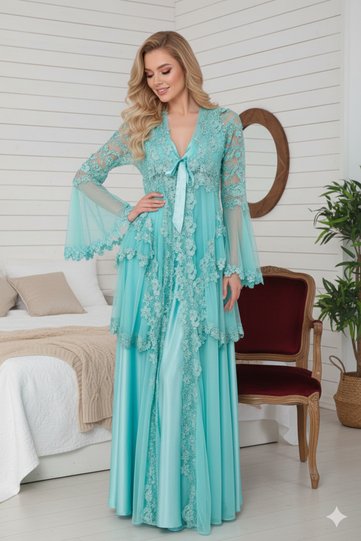 Women's Turquoise Luxury Boxed Special Design Pearl Stone Satin Nightgown with Tulle Dressing Gown Innerwear Dowry Set