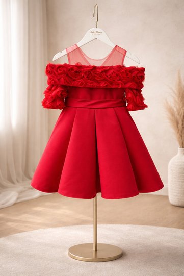 Girl's Red Rose Detailed Evening Dress Special Occasion Design