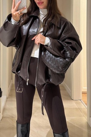 Luvren Dark Brown Trend Oversized Bomber Belted Leather Jacket