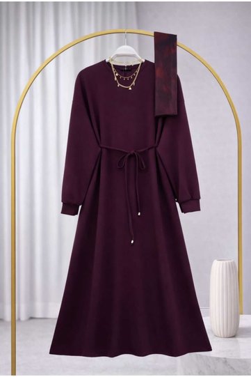Women's Straight Dress with Cord Belt -0350 Burgundy