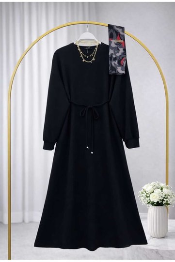 Women's Plain Dress with Cord Belt -350 Black