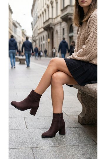 Burgundy Suede Women's Boots Non-Slip Sole Zippered Thick Heel Diana