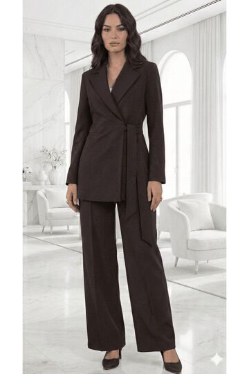 Brown Tie-Up Blazer Jacket & Wide Leg Fabric Pants Suit