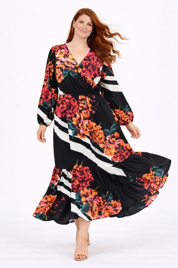 Women's Plus Size Black, Wrap Neck, Ruffle Hem, Floral Print Long Dress 65N39284