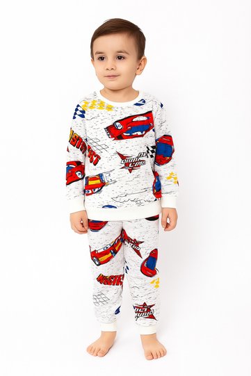 Boy's Two Thread Cotton Sha Fleece-Lined White Color Car Pattern Long Sleeve Pajama Set