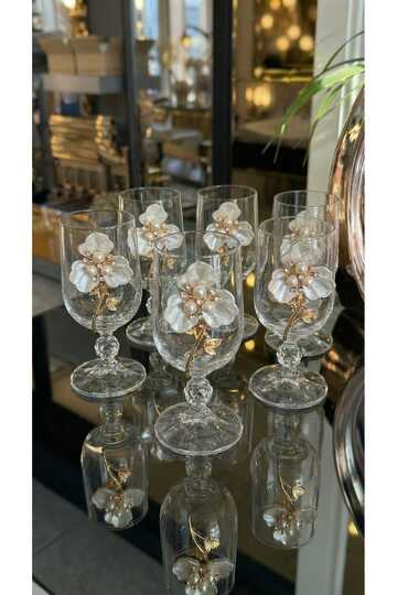 Set of 6 Pearl/Flower Detailed Gold Metal Decorated Footed Glass Coffee Glasses – Stylish Presentation Glasses