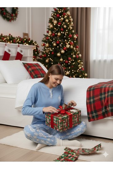 Women's Long Sleeve Crew Neck Snowflake Pattern Thermal Pajama Set
