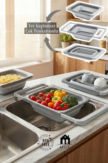 Practical Folding Countertop Strainer with Adjustable Handles, In-Sink Vegetable Pasta Washer, Bpa Free