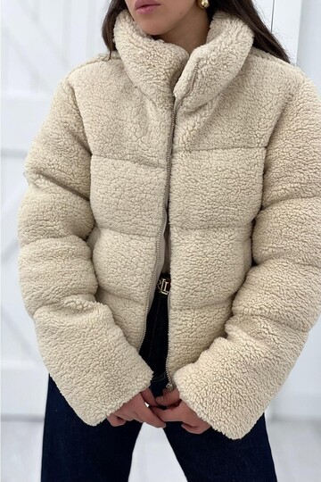 Women's Beige Plush Teddy Coat – Zippered, Puffer, Winter Oversized Fur Coat