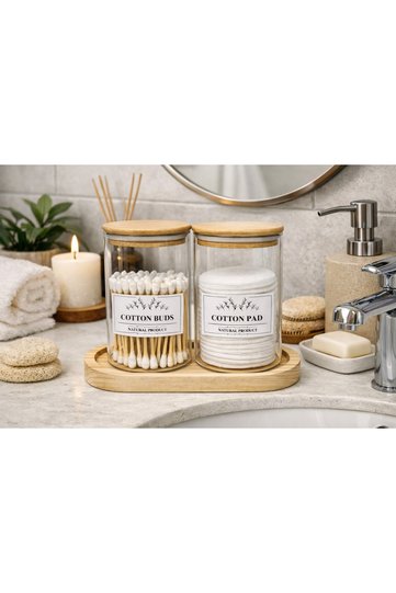 Vacuum Lid with Bamboo Stand, 2-Piece Glass Bathroom Set – Cotton Swab Holder & Ear Swab Storage Jar Organizer