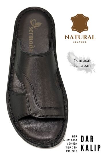 Genuine Real Leather Men's Slippers Lightweight Leather A Black