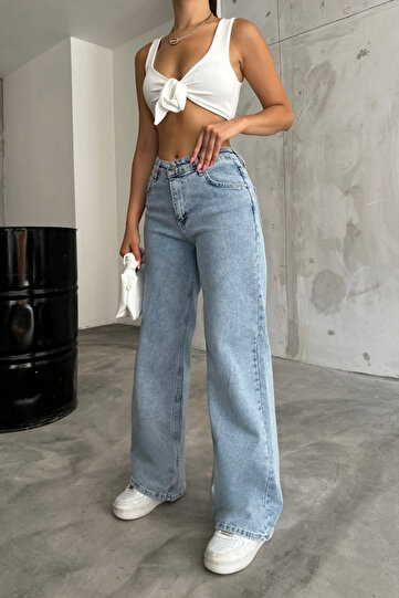 Women's Light Blue High-Waisted Wide-Leg Loose, Casual Palazzo Jeans