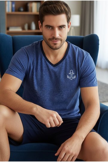 Navy Blue Patterned Crew Neck Knitted Shorts Suit 25109636