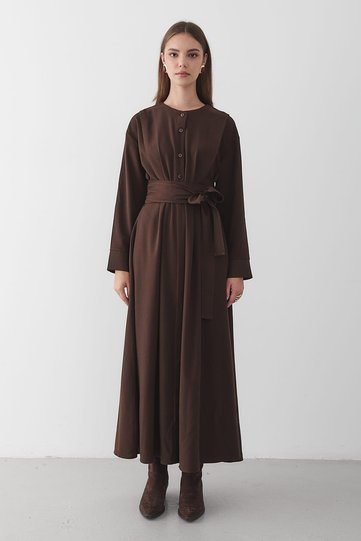 Women's Belted Buttoned Maxi Dress Brown