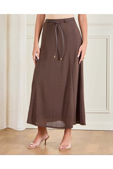 Women Brown Knitted Flared Skirt With Belt